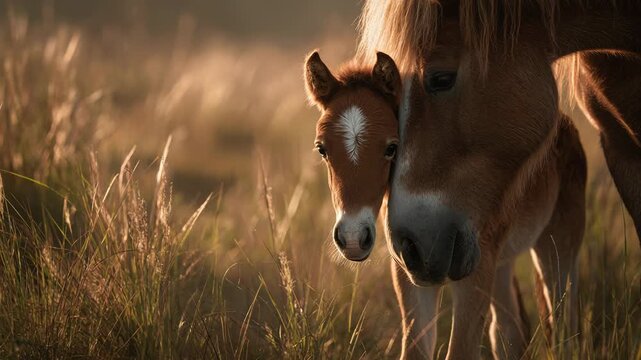 Young foal walking through golden meadow