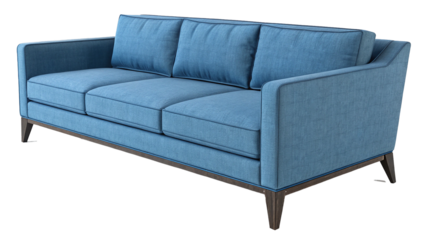 Contemporary blue couch in crisp 3D rendering, isolated on transparent with sharp shadows.