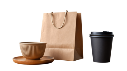 Eco-Friendly Takeaway: A curated collection of sustainable packaging options, featuring a recyclable paper bag, a stylish coffee cup, a bowl, and a wooden saucer.