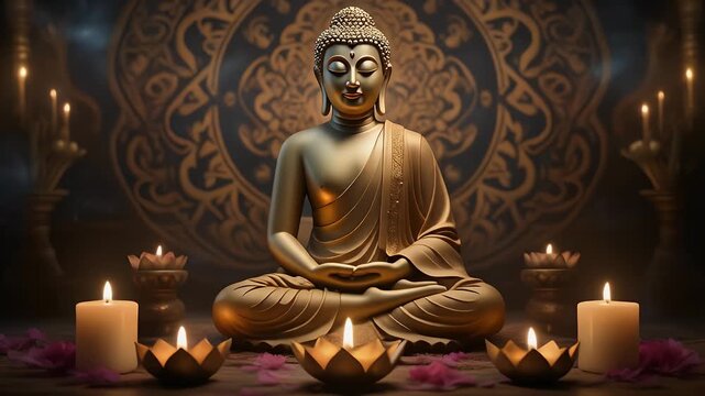 Golden Buddha Statue in Meditation with Candles and Intricate Background
