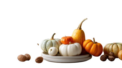 Autumn's bounty: An artistic arrangement of vibrant pumpkins, each showcasing a unique shape and hue, complements a medley of inviting gourds and nuts.