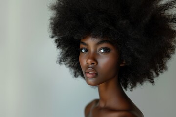 A woman with vibrant blue eyes and curly hair looks to her left in a contemplative manner. The image conveys introspection and serenity.