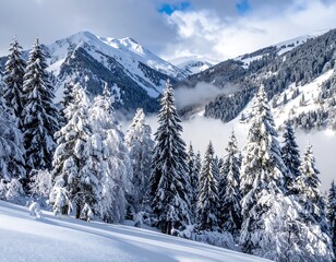 Snowy conifer forest at the foot of snow-covered mountain range