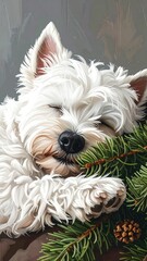 Digital painting of a fluffy white terrier sleeping peacefully beside a sprig of evergreen and a tiny pinecone