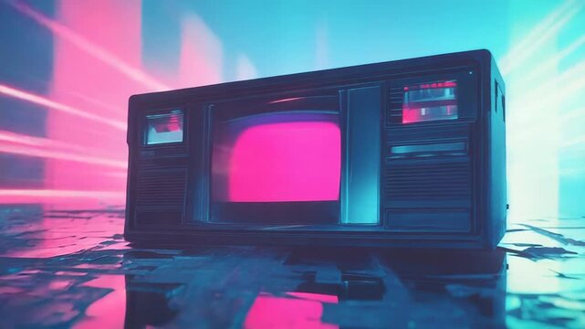 Retro television with glowing pink screen reflecting on wet floor