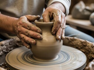 A potters skilled hands shaping a clay pot on a spinning wheel in a studio 