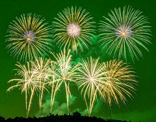 Spectacular explosion of vibrant golden and white firework displays on green