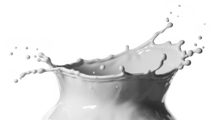 White liquid splash frozen in motion with droplets and waves isolated on a transparent background