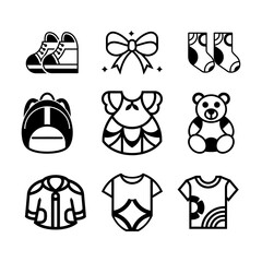 A cohesive collection of 9 minimalist monoline icons designed for a children&rsquo;s clothing store.