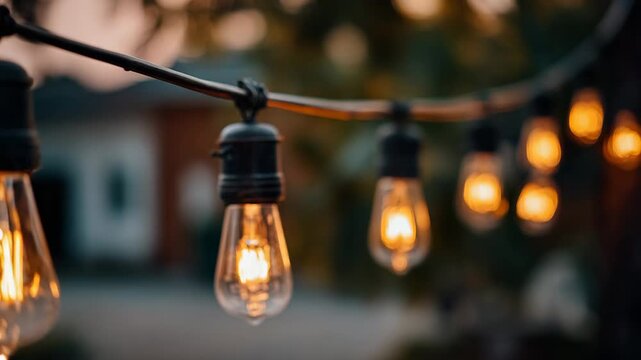 String lights glowing in outdoor setting