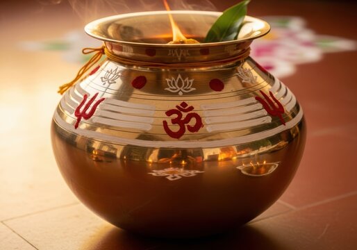 Traditional indian copper pot with om symbol and decorative elements on a brown surface 