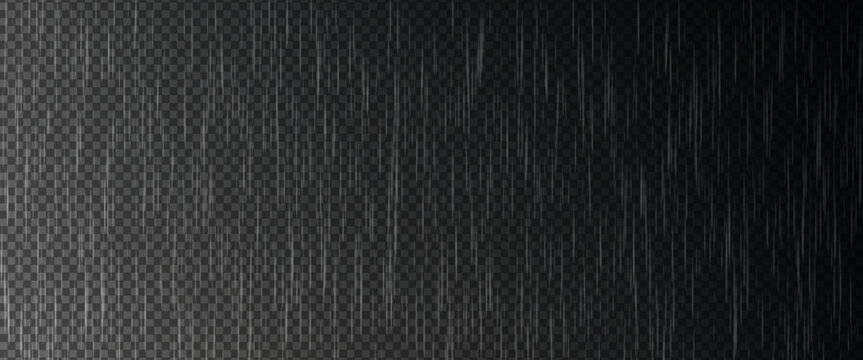 Raindrop effect, rain overlay on dark transparent background, realistic rain vertical streaks at night time weather