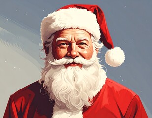 Digital painting of a jolly, older man with a long white beard and mustache, wearing a red coat and hat. The background is a soft blue