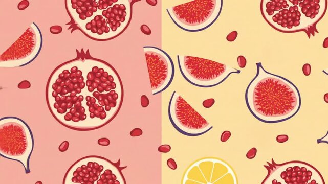 Pomegranate, Fig & Lemon Seamless Patterns. Vibrant Fruit Illustrations for Backgrounds & Textiles.