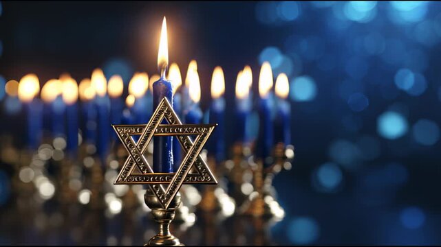 Beautiful Hanukkah scene with golden Star of David and blue candles, camera smoothly zooms in on the illuminated centerpiece, creating a warm ambiance