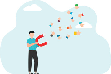 Customer feedback about product or service quality, five star rating, positive service feedback, experience, evaluation rank, user satisfaction, man uses magnet to attract thumbs up.
