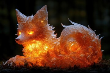 Obraz premium A striking sculpture of a fox with glowing eyes, presented against a dark background to emphasize its fiery colors and dramatic effect. Perfect for creative projects and artistic themes.