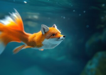 Obraz premium A fox gracefully swims underwater, with its head breaking the surface of the water. Captures the animal's agility and natural behavior in an aquatic environment.