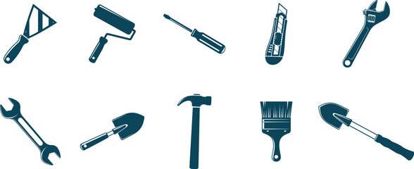 Collection of various hand tools including saws hammers shovels and paintbrushes in a simple graphic style © MUHMUDABEGUM