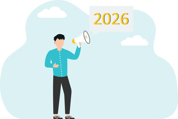 Demonstration of leadership qualities in new 2026, preparation of employees for future business development, setting business goals to achieve heights, man will announce new 2026 through loudspeaker.
