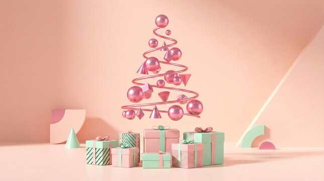 Pastel Pink Christmas Flat Lay Background with Rose Gold Gift Boxes and Metallic Snowflakes - Elegant Holiday Shopping Frame