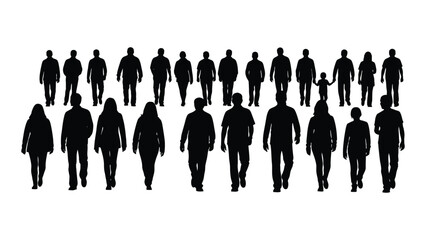 A large group of people walking forward clearly defined silhouette