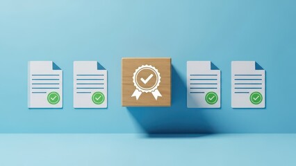 Four certified documents with a checkmark on a blue background and one special document
