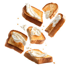 Delicious Toasted Bread Slices with Cream Cheese in Midair