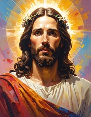 Digital painting of a man with long brown hair, a beard, and a halo. He wears a white robe and a floral crown, looking serene