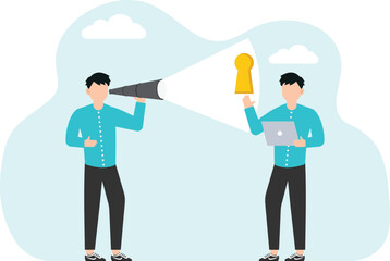 Find way out of difficult situation or solution to problem, secret key to achieve heights in business, motivation to discover new opportunities, a big hand shines a flashlight on the keyhole.
