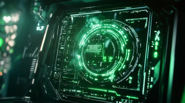 Futuristic glowing green digital user interface controlling data system