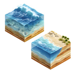 Isometric Ocean Water and Sand Layers Viewed from Two Angles