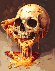 Digital painting of a skull seemingly eating a slice of pizza. The cheese melts down, giving a surreal depiction