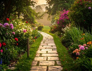Stone pathway meanders through a lush, colorful garden