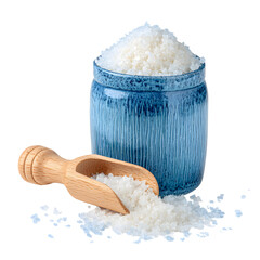 White Granulated Sugar in Blue Container with Wooden Spoon