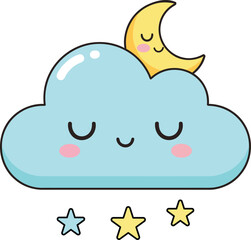 Sleepy Cloud and Moon - Cute Nighttime Kawaii Vector Illustration for Baby and Nursery Design