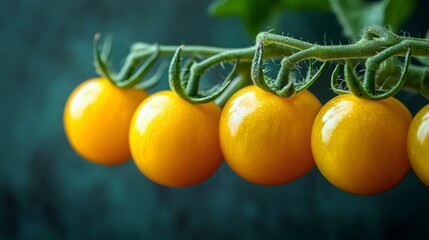Yellow cherry tomatoes growing on a green vine