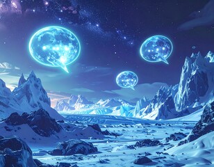 Digital painting of a snowy glacial landscape under a starry night sky. Floating orbs with glowing patterns drift above snow-covered terrain