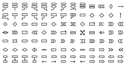 Diverse collection of black outlined light gray flowchart symbols and arrows for process diagrams.