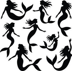 Mermaid Silhouette Collection, Mythical Mermaid Poses, Underwater Creature Graphic Set, Mermaid and Merman Silhouettes, Set of Female Fantasy Figure Silhouettes, silhouette, illustration, vector.