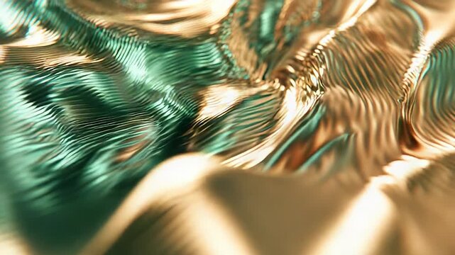 Flowing golden green metallic liquid ripples background generating abstract texture