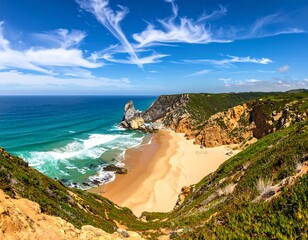 Stunning beach view golden sand, turquoise water, cliffs