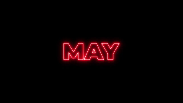 Abstract glowing text month May light neon black background. Word May neon glowing on a black background with reflections on a floor. Neon shine month name May text sign icon animation