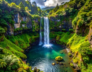 Stunning cascading water plunging into a crystal clear pool