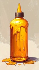 Digital painting of a transparent glass bottle filled with a golden, viscous liquid. The bottle's sides and table are covered with drips and a small puddle