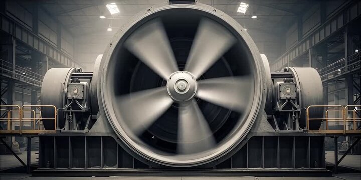 Massive industrial fan with rapidly spinning blades creating motion blur, symbolizing powerful machinery and efficient airflow in a vast, modern factory or power plant environment