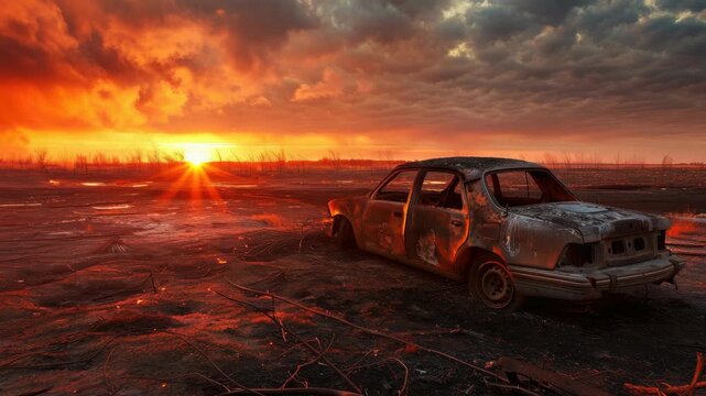 Abandoned, rusted car against dramatic sunset in desolate, burnt landscape