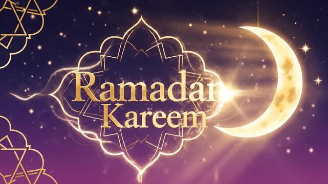 Ramadan Kareem elegant serif typography with Islamic pattern accents under night sky and crescent moon glow