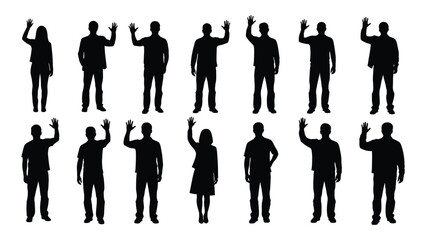 Group of people raising hands in various poses a dark silhouette