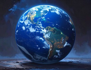 Digital painting of Earth suspended in a dark, starry cosmos. Illumination highlights continents & oceans, creating a vibrant scene